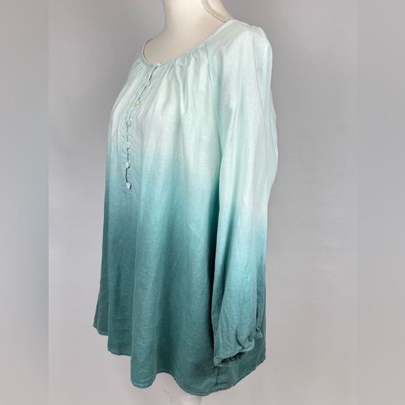 J. Jill Pure Jill Dip Dyed Peasant Style Blouse Linen Blend Ombré Teal 2X Beachy - Picture 4 of 8